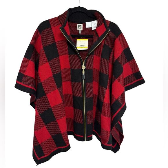 NWT Ann Klein Buffalo Check Full Zip Sweater Poncho - Size M - Picture 2 of 9